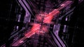 Dynamic patterns of red and purple intersecting in a complex geometric design create a striking visual effect in an abstract,