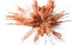 Dynamic peach color dust explosion on white background, Freeze motion of peach color powder exploding