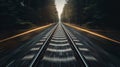 Dynamic perspective of railway tracks running through a forest at dusk, capturing motion and speed in a tranquil natural setting