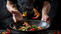 Chef tossing stir-fried shrimp with vegetables in pan against dark background. Dynamic kitchen action shot. Perfect for