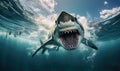 dynamic photograph showcasing the athleticism of a shark as it jumps into the water, leaving behind a trail of bubbles and