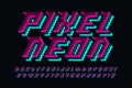 Dynamic pixel neon alphabet design, stylized like in 8-bit games.