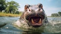 Dynamic And Playful Imagery: A Hippo Swimming With Exaggerated Facial Expressions