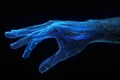 Dynamic pointillism style: realistic wireframe hand points forward with dark and light azure hues. AI Image