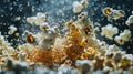 Dynamic popcorn explosion with golden kernels in motion Royalty Free Stock Photo
