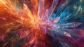 A dynamic portrayal of crystal growth with bright bursts of color and swirling forms coming together to create a