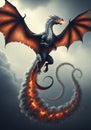 A dynamic portrayal of a dragon soaring amidst clouds. The Royalty Free Stock Photo