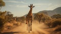 Dynamic Pose: Giraffe Crossing Dirt Road In Stunning 8k Resolution Royalty Free Stock Photo