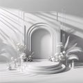 Abstract White Studio Background for Products, Enhanced by Shadows, Flowers, and Palm Leaves. Generative ai for illustrations