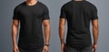 Dynamic presentation, black t-shirt mockup on gray background with strong man Front and back