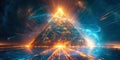 Dynamic pyramid, glowing edges, encased in a digital vortex