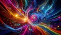 Dynamic rainbow energy vortex with gowing light trails and cosmic abstract particles Royalty Free Stock Photo