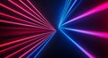 Dynamic red and blue neon laser lights creating symmetrical patterns on dark background