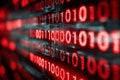 Digital abstract background displaying glowing red binary code sequences on a dark grid representing technology and data Royalty Free Stock Photo