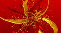 Dynamic red and gold liquid splashes exploding in abstract motion against a vibrant red background Royalty Free Stock Photo