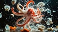Dynamic Red Octopus Splashing in Dark Water Royalty Free Stock Photo