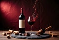Dynamic red wine splash in glass with bottle and dark chocolate on stone slate Royalty Free Stock Photo