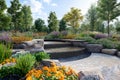 A dynamic representation of a 3D landscape garden design, showcasing layout and features