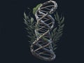 Dynamic representation of a DNA helix merging with nature\'s elements. AI Generated