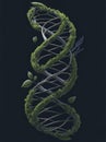 Dynamic representation of a DNA helix merging with nature\'s elements. AI Generated