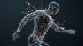 A dynamic representation of a human figure made from glowing connections symbolizing movement and technological integration