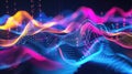 Dynamic representation of sound waves creates a music equalizer effect with colorful frequencies on a dark background, Ai