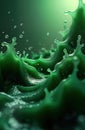 Dynamic rich green liquid explodes in powerful stream. Abstract texture shows intense movement, vibrant color. Organic shapes,