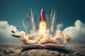 Dynamic Rocket coming out of open book banner. Generate Ai