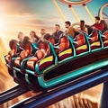 Dynamic rollercoaster ride with excited people enjoying the thrill Energetic and vibrant illustration for amusement park or ente