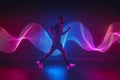 Dynamic runner with neon waves and digital particle effects in dark futuristic background