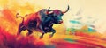 Dynamic Running Bull in Vibrant Colors with Abstract Background, copy space for text