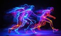 Dynamic running figures in neon light trails, showcasing motion and speed