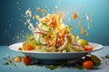 Dynamic salad explosion with flying ingredients, fresh lettuce, cucumber, tomato, and dressing on a blue background Royalty Free Stock Photo