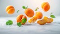 Dynamic scene of apricots and splashes on a reflective surface.