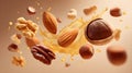 Assorted nuts including almonds walnuts pecans and hazelnuts splash into liquid Royalty Free Stock Photo