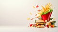 dynamic scene of a burger and fries with ingredients flying in the air, set against festive holiday decorations and greenery, on a