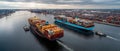 The dynamic scene of cargo ships navigating a bustling harbor environment. AI generated image Royalty Free Stock Photo