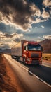 A dynamic scene of cars and trucks on a modern highway, with vehicles in motion, under a bright blue sky, showcasing the fast-