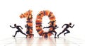Dynamic scene depicting abstract human figures in motion, forming the number