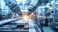 Two industrial robotic arms performing. High precision welding on automated production line. Sparks inside advanced smart factory. Royalty Free Stock Photo
