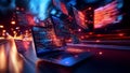 dynamic scene featuring laptop surrounded by multiple floating screens displaying colorful code and data creating sense of speed Royalty Free Stock Photo