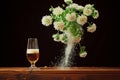 Dynamic scene with flying bouquet of flowers, water splash, and beer glass on a dark background