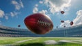 A dynamic scene with a football mid-air in a stadium under a clear blue sky, symbolizing energy and competition