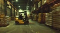 A dynamic scene in a large warehouse with a forklift, a warehouse environment