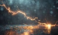 dynamic scene lightning bolts streaking across dark, stormy sky, with bright, glowing object in the bottom Royalty Free Stock Photo