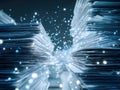 A dynamic scene of overflowing stacks of documents illuminated by a cascade of glowing particles, symbolizing the flow of Royalty Free Stock Photo