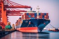 dynamic scene of a sea port, where a container ship loading containers. freight transportation