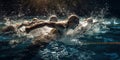 A dynamic scene of swimmers racing in a pool, showcasing the strength, endurance, and technique involved in competitive