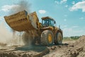 Dynamic scene of a yellow backhoe loader actively lifting sand at a busy construction site Royalty Free Stock Photo