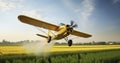 The Dynamic Scene of a Yellow Plane Precisely Spraying Fields from Above